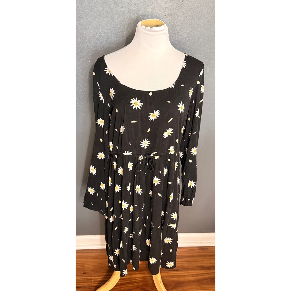 Torrid Womens Plus Size 1 Black Daisy Floral Long Sleeve Tiered Mini Dress Boho